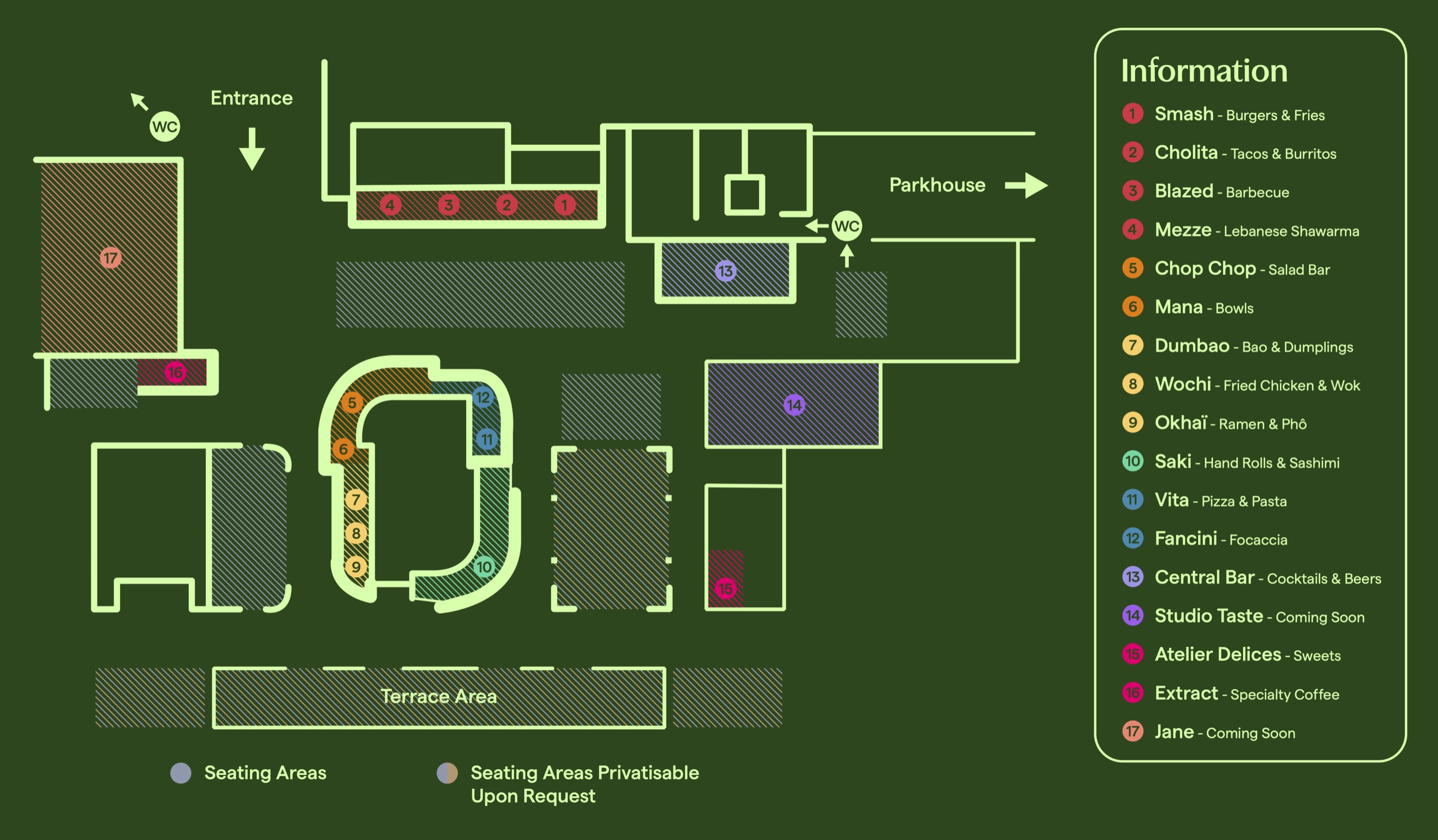 Carte du Taste Food Hall indiquant les noms des stands